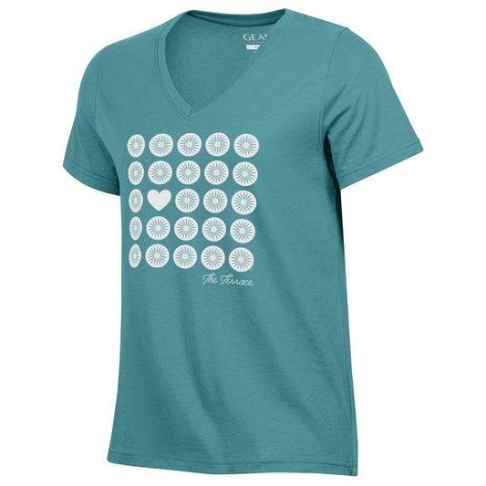 Terrace Heart Aqua V Neck Tee